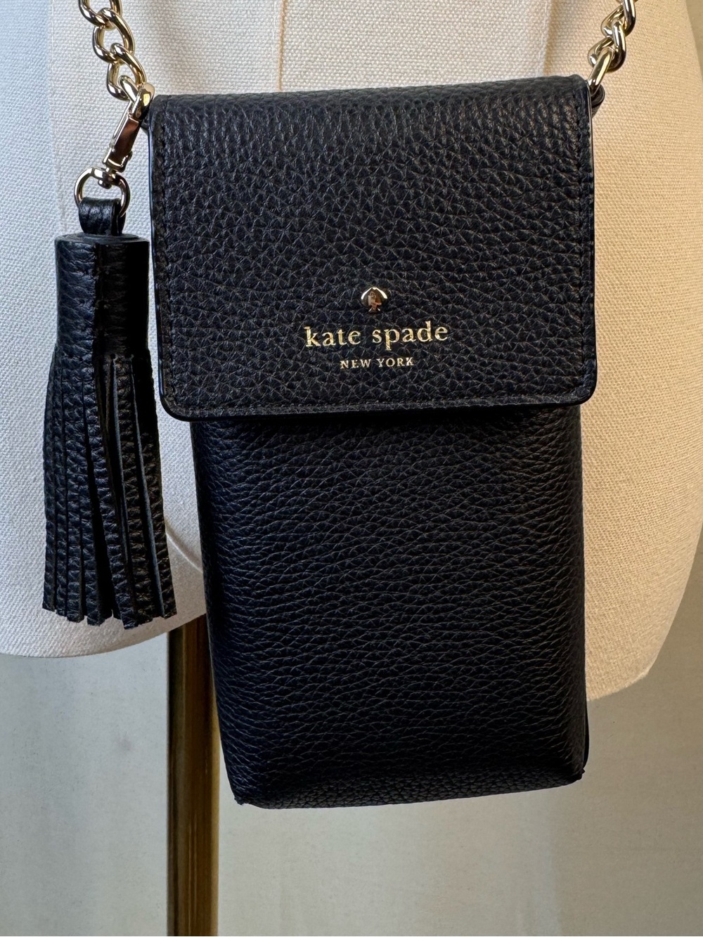 Kate Spade Black Leather Phone Crossbody Bag Gold Chain Tassel